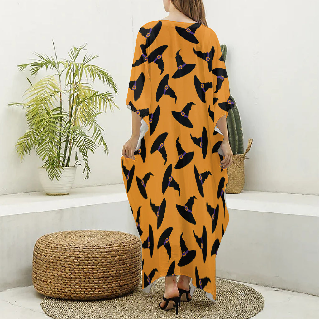 Halloween Witch Hat Pattern Print Silk V-Neck Kaftan Dress
