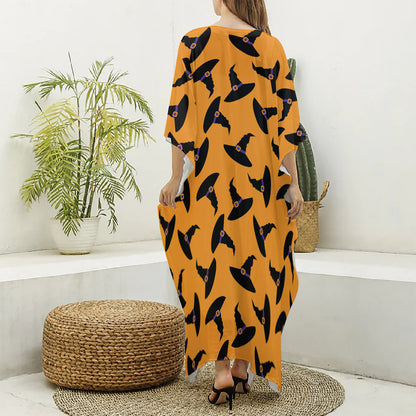 Halloween Witch Hat Pattern Print Silk V-Neck Kaftan Dress