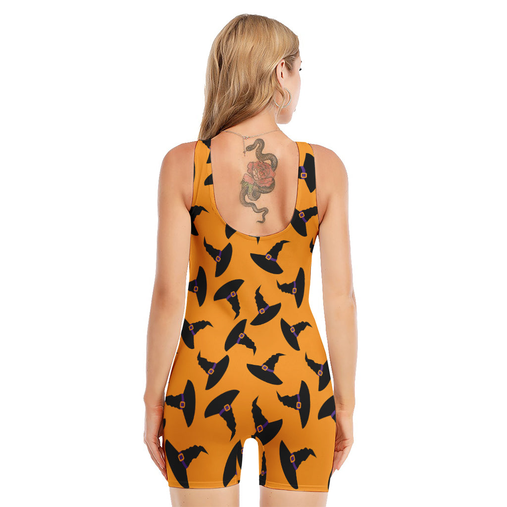 Halloween Witch Hat Pattern Print Sleeveless One Piece Swimsuit