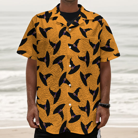 Halloween Witch Hat Pattern Print Textured Short Sleeve Shirt