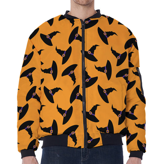 Halloween Witch Hat Pattern Print Zip Sleeve Bomber Jacket