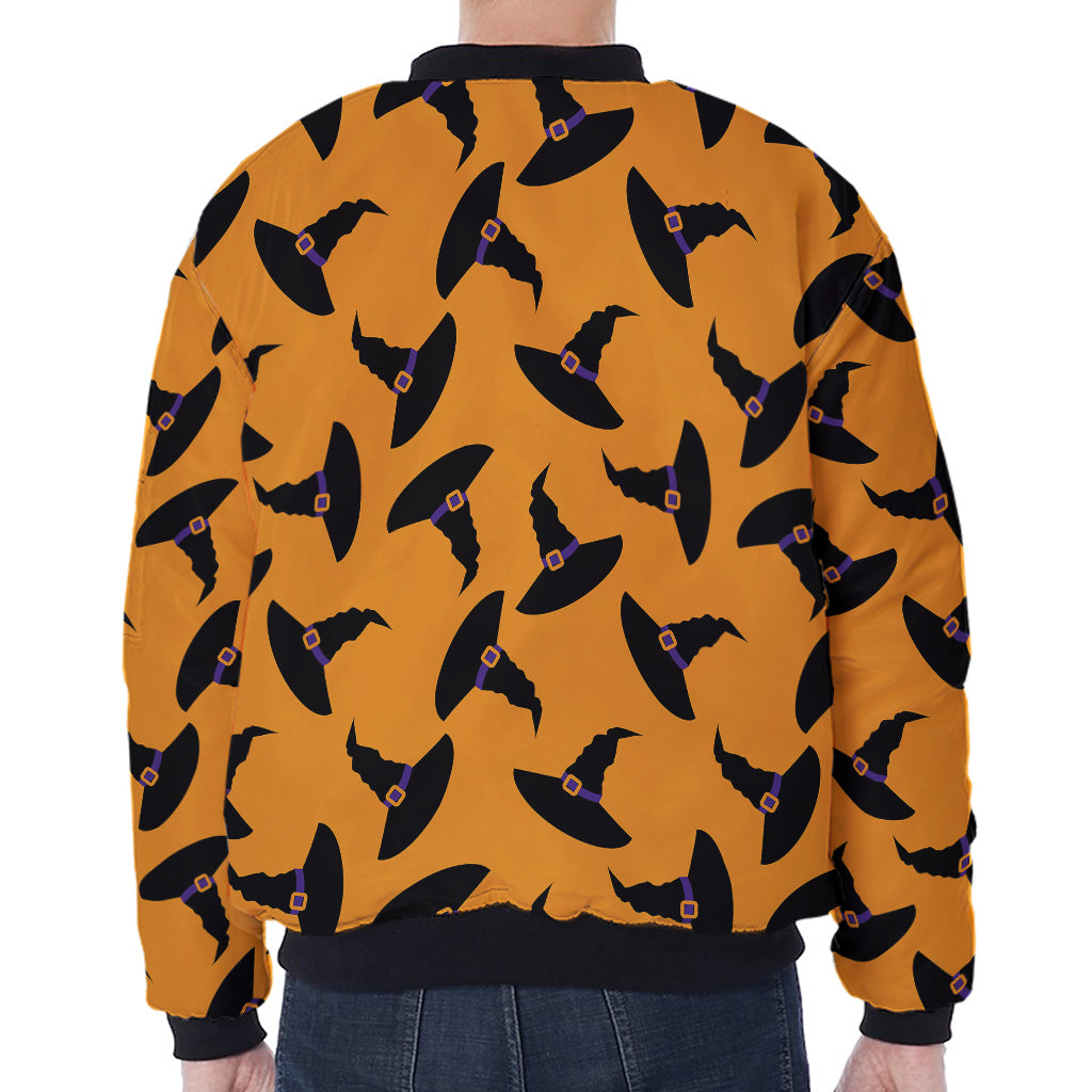 Halloween Witch Hat Pattern Print Zip Sleeve Bomber Jacket