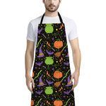 Halloween Wizard Pattern Print Bib Apron With Pocket