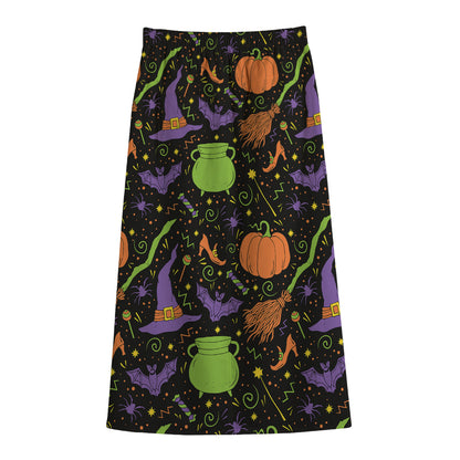 Halloween Wizard Pattern Print Cotton Front Slit Maxi Skirt