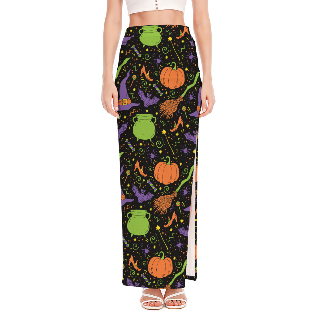 Halloween Wizard Pattern Print High Slit Maxi Skirt