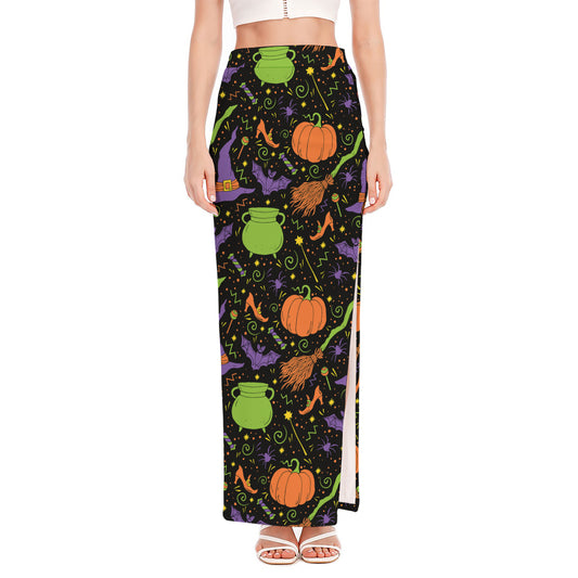 Halloween Wizard Pattern Print High Slit Maxi Skirt