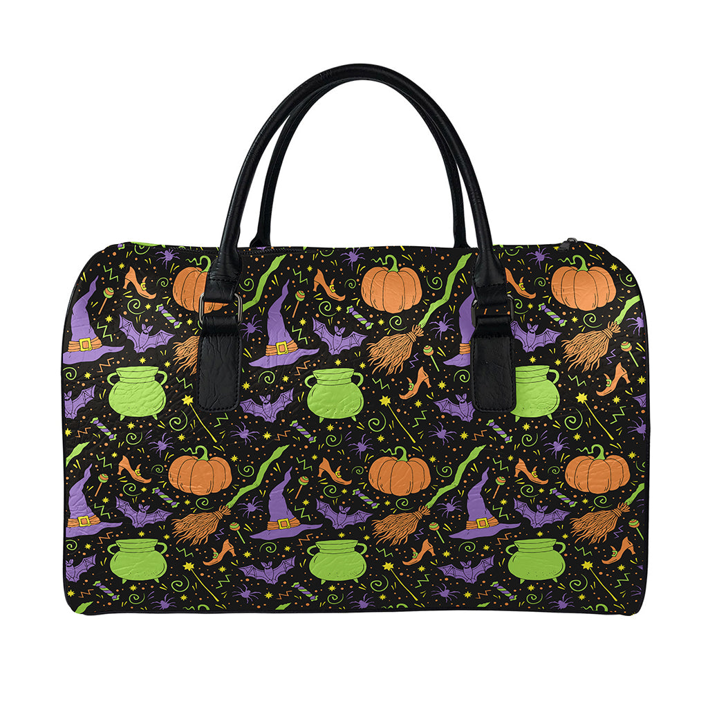 Halloween Wizard Pattern Print Leather Duffle Bag