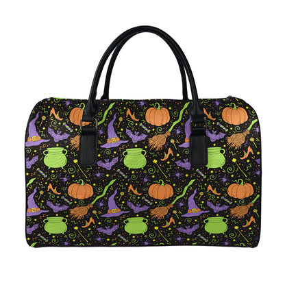 Halloween Wizard Pattern Print Leather Duffle Bag