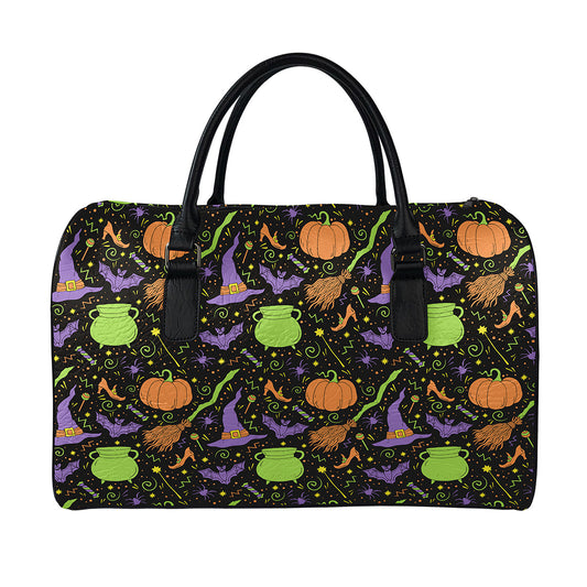 Halloween Wizard Pattern Print Leather Duffle Bag