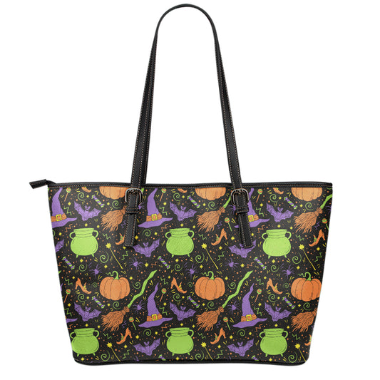 Halloween Wizard Pattern Print Leather Tote Bag