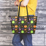 Halloween Wizard Pattern Print Leather Tote Bag