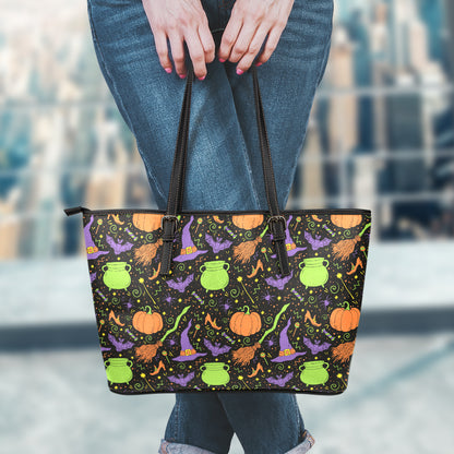 Halloween Wizard Pattern Print Leather Tote Bag