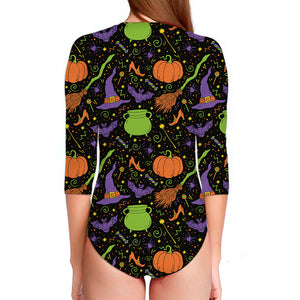 Halloween Wizard Pattern Print Long Sleeve Swimsuit