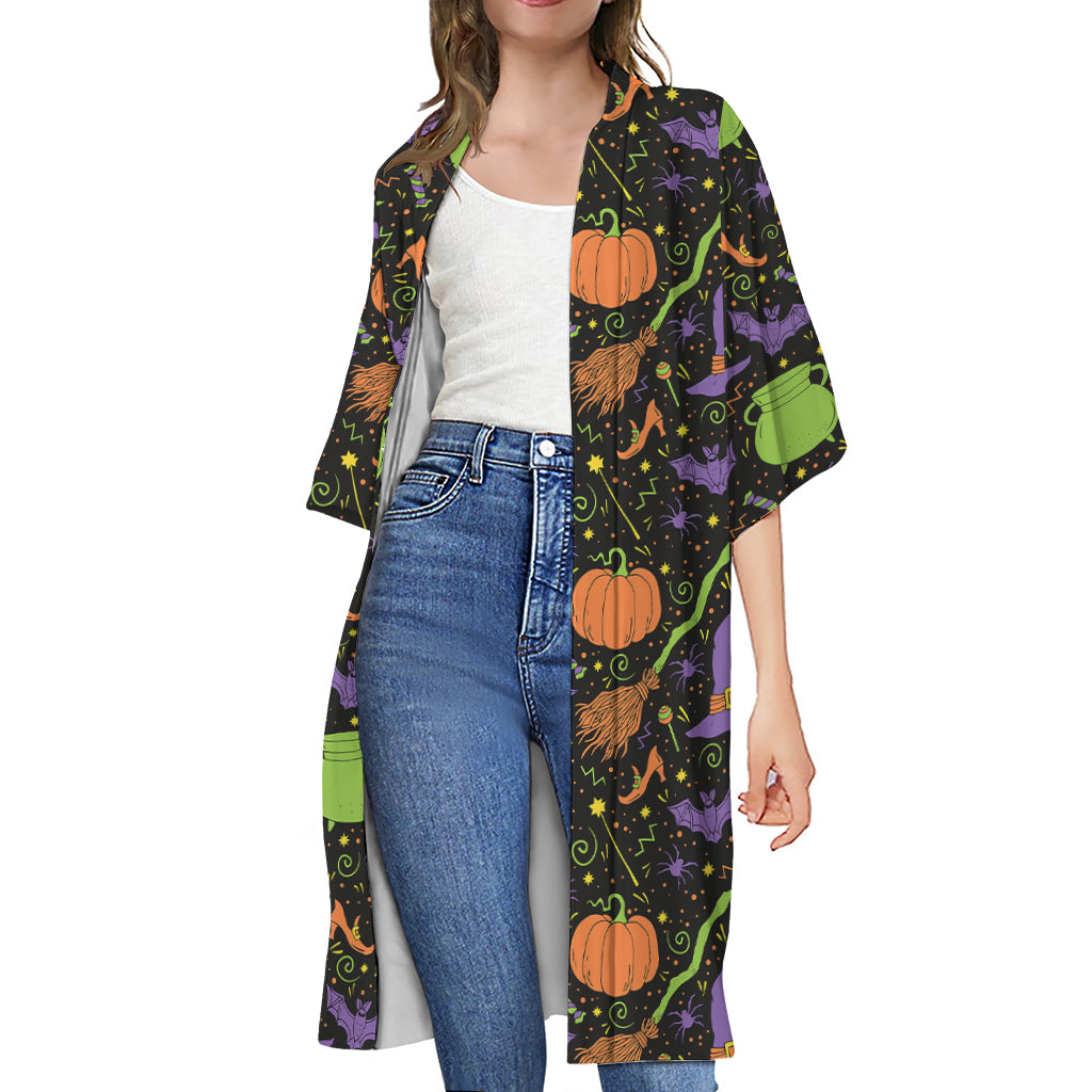 Halloween Wizard Pattern Print Open Front Beach Cover Up