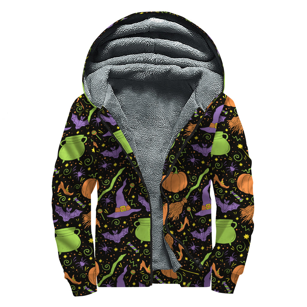 Halloween Wizard Pattern Print Sherpa Lined Zip Up Hoodie