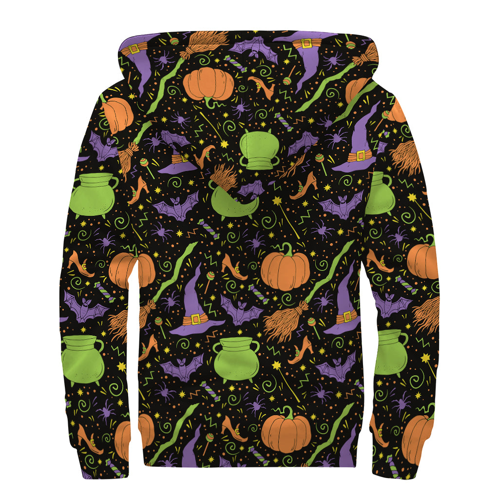 Halloween Wizard Pattern Print Sherpa Lined Zip Up Hoodie