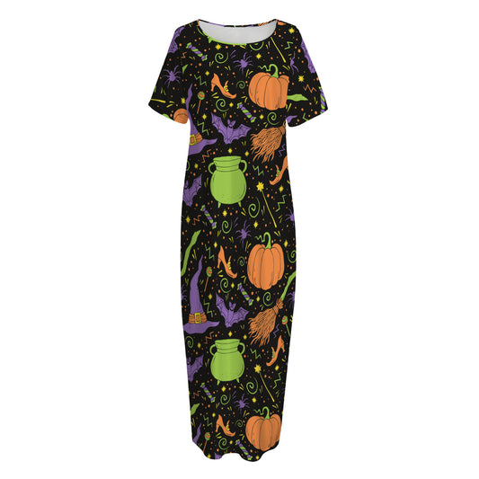 Halloween Wizard Pattern Print Short Sleeve Long Nightdress