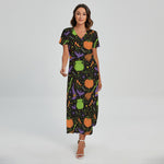 Halloween Wizard Pattern Print Short Sleeve Maxi Dress
