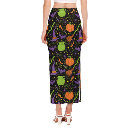 Halloween Wizard Pattern Print Side Slit Maxi Skirt