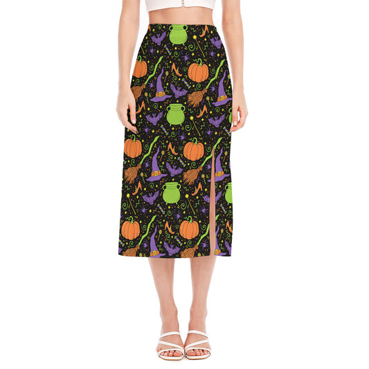 Halloween Wizard Pattern Print Side Slit Midi Skirt