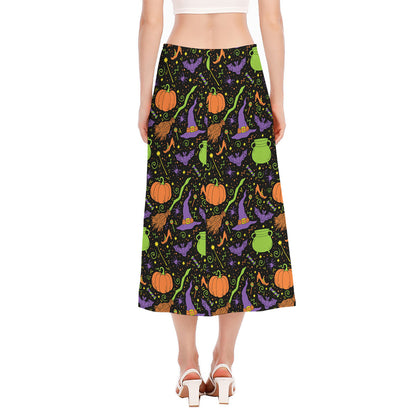 Halloween Wizard Pattern Print Side Slit Midi Skirt