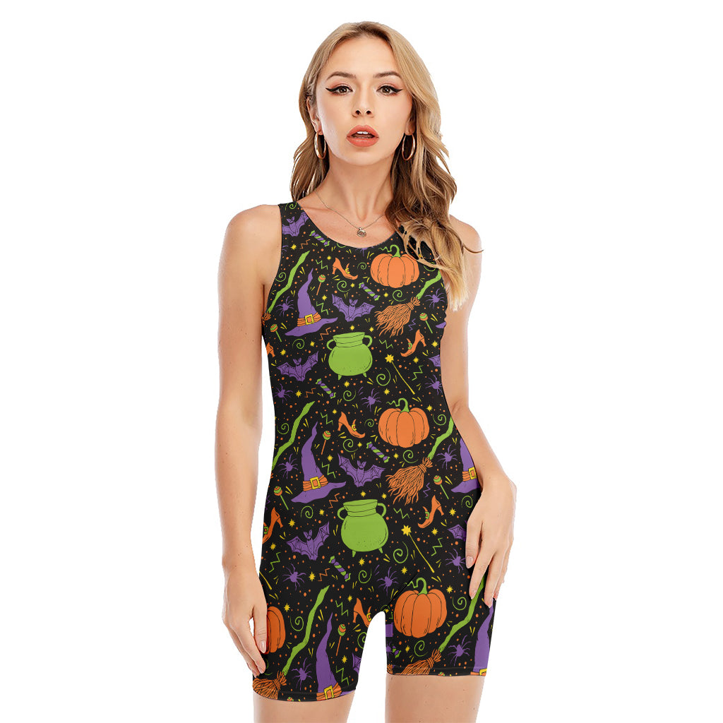 Halloween Wizard Pattern Print Sleeveless One Piece Swimsuit