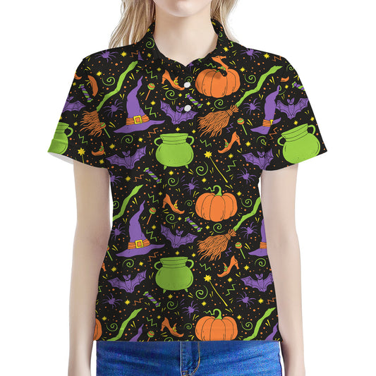 Halloween Wizard Pattern Print Women's Polo Shirt