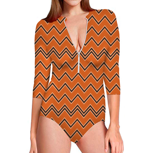 Halloween Zig Zag Pattern Print Long Sleeve Swimsuit