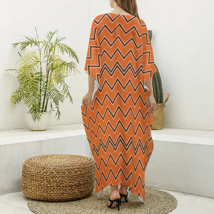 Halloween Zig Zag Pattern Print Silk V-Neck Kaftan Dress