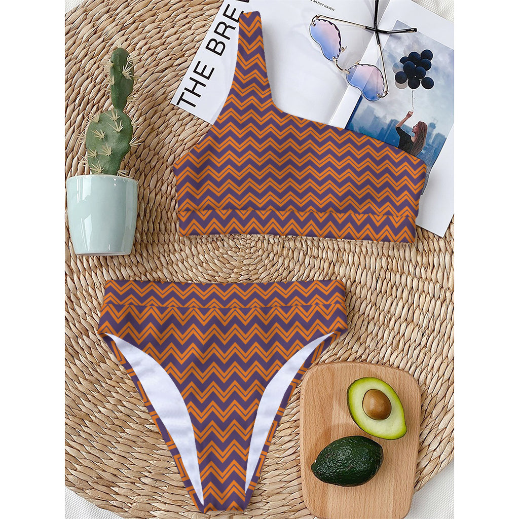 Halloween Zigzag Pattern Print One Shoulder Bikini Top