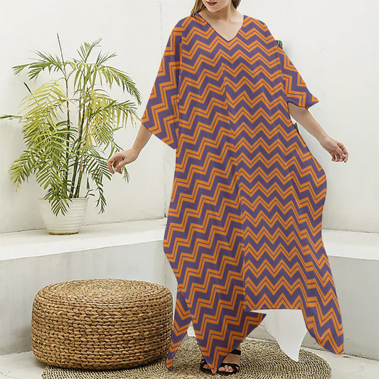 Halloween Zigzag Pattern Print Silk V-Neck Kaftan Dress