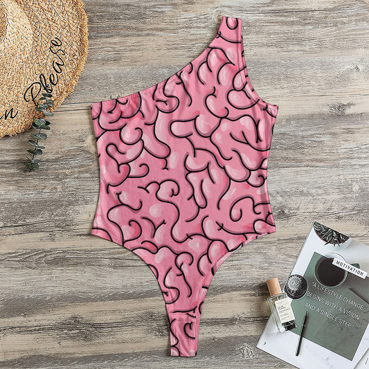 Halloween Zombie Brain Print One Shoulder Bodysuit