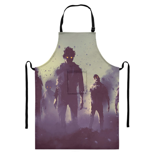 Halloween Zombie Crowd Print Bib Apron With Pocket