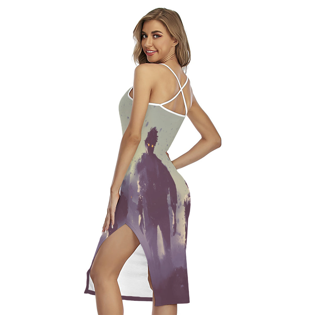 Halloween Zombie Crowd Print Cross Back Cami Dress
