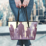 Halloween Zombie Crowd Print Leather Tote Bag