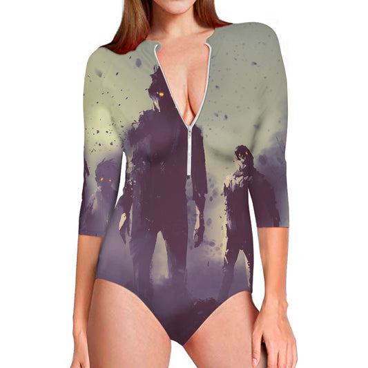Halloween Zombie Crowd Print Long Sleeve Swimsuit
