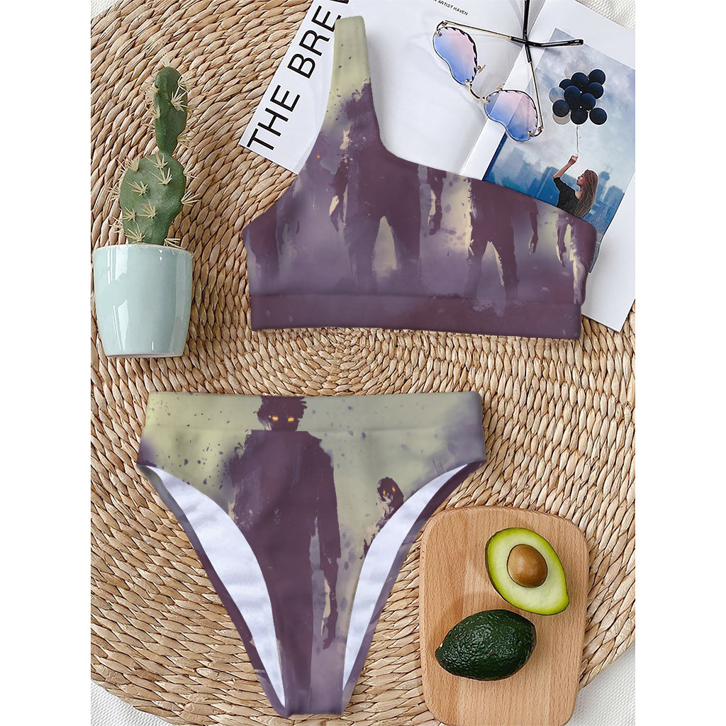 Halloween Zombie Crowd Print One Shoulder Bikini Top