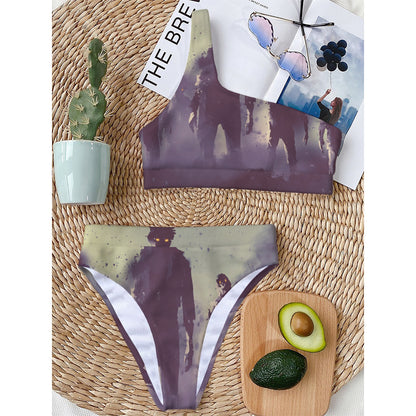 Halloween Zombie Crowd Print One Shoulder Bikini Top