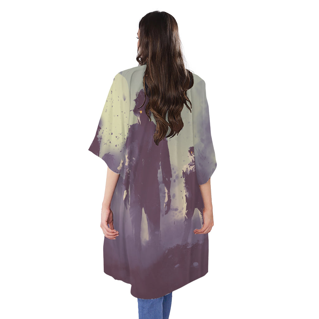 Halloween Zombie Crowd Print Open Front Beach Cover Up