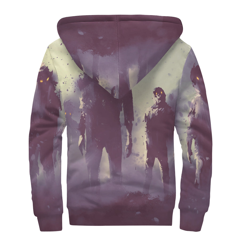 Halloween Zombie Crowd Print Sherpa Lined Zip Up Hoodie