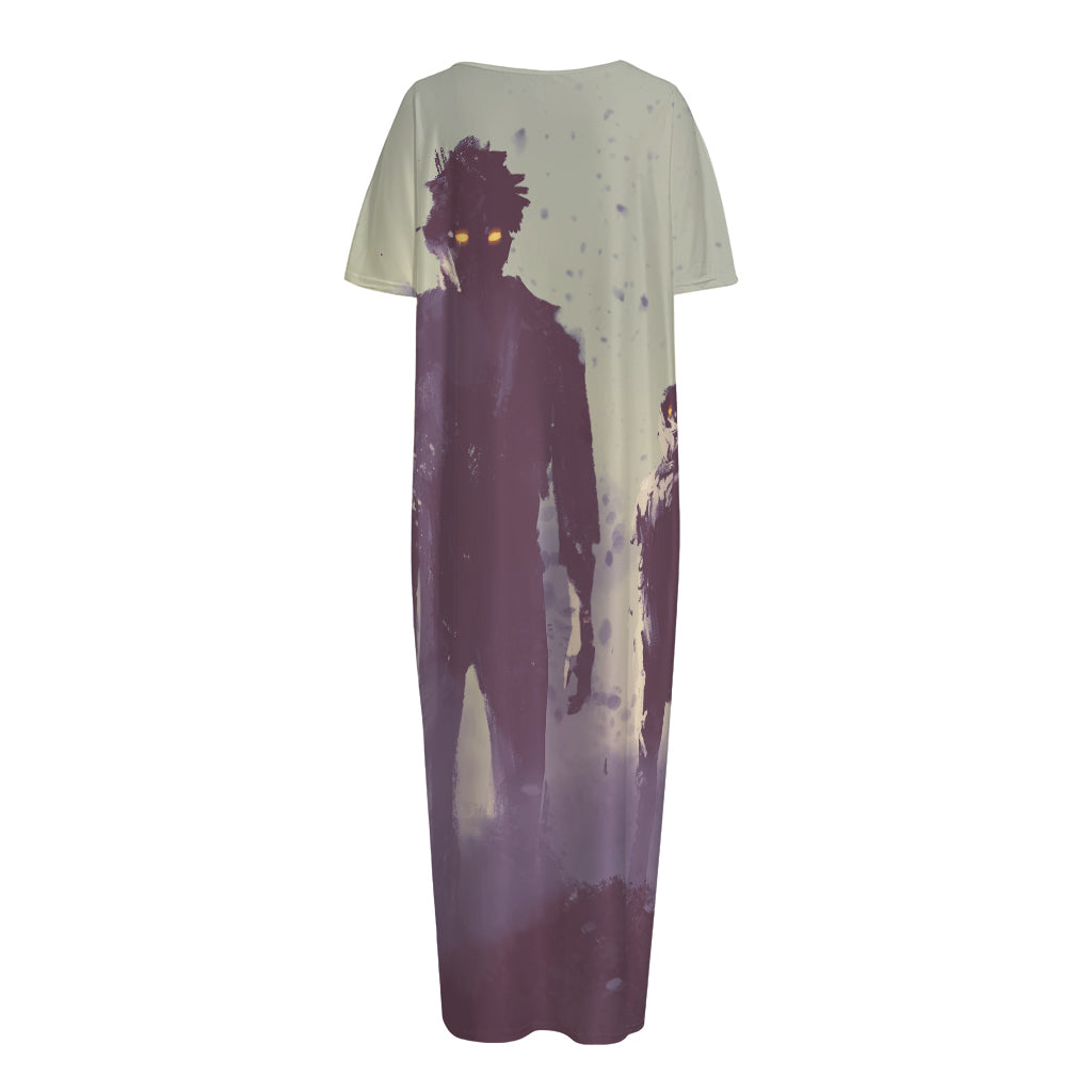 Halloween Zombie Crowd Print Short Sleeve Long Nightdress