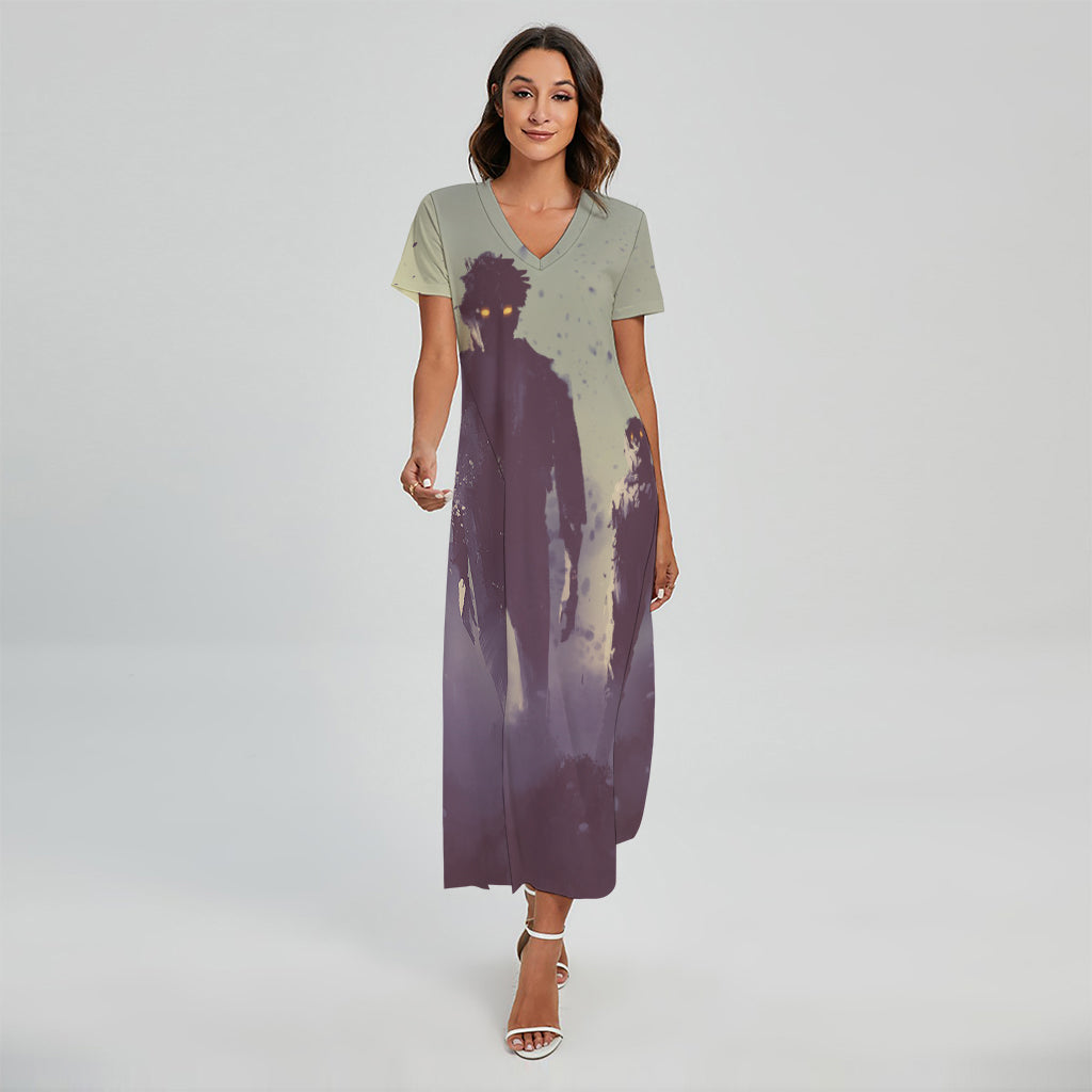 Halloween Zombie Crowd Print Short Sleeve Maxi Dress