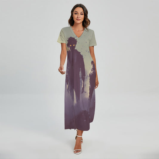 Halloween Zombie Crowd Print Short Sleeve Maxi Dress