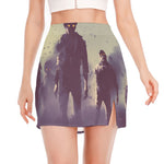 Halloween Zombie Crowd Print Side Slit Mini Skirt