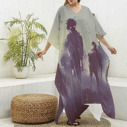 Halloween Zombie Crowd Print Silk V-Neck Kaftan Dress