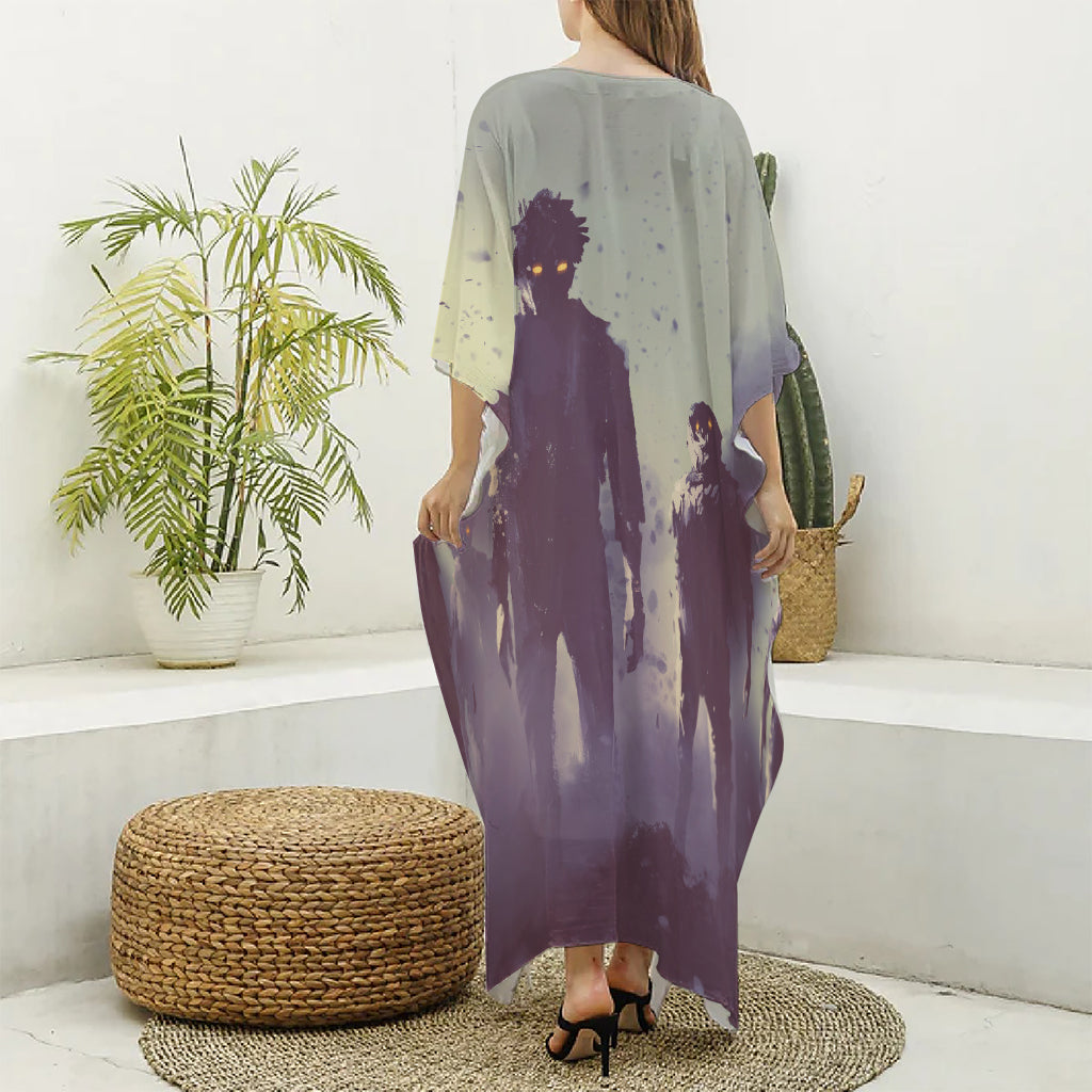 Halloween Zombie Crowd Print Silk V-Neck Kaftan Dress