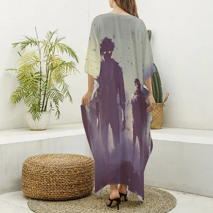 Halloween Zombie Crowd Print Silk V-Neck Kaftan Dress