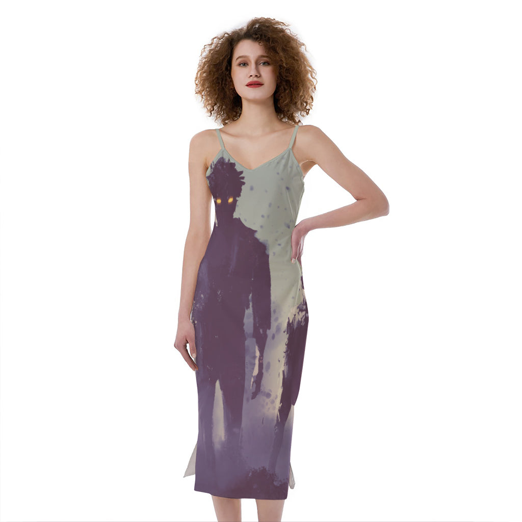 Halloween Zombie Crowd Print Slim Fit Midi Cami Dress