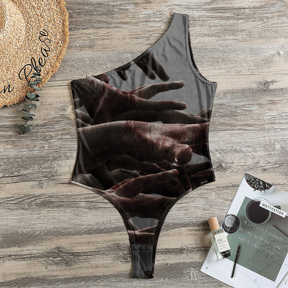 Halloween Zombie Hands Print One Shoulder Bodysuit