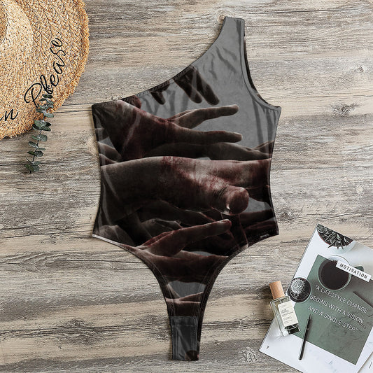 Halloween Zombie Hands Print One Shoulder Bodysuit